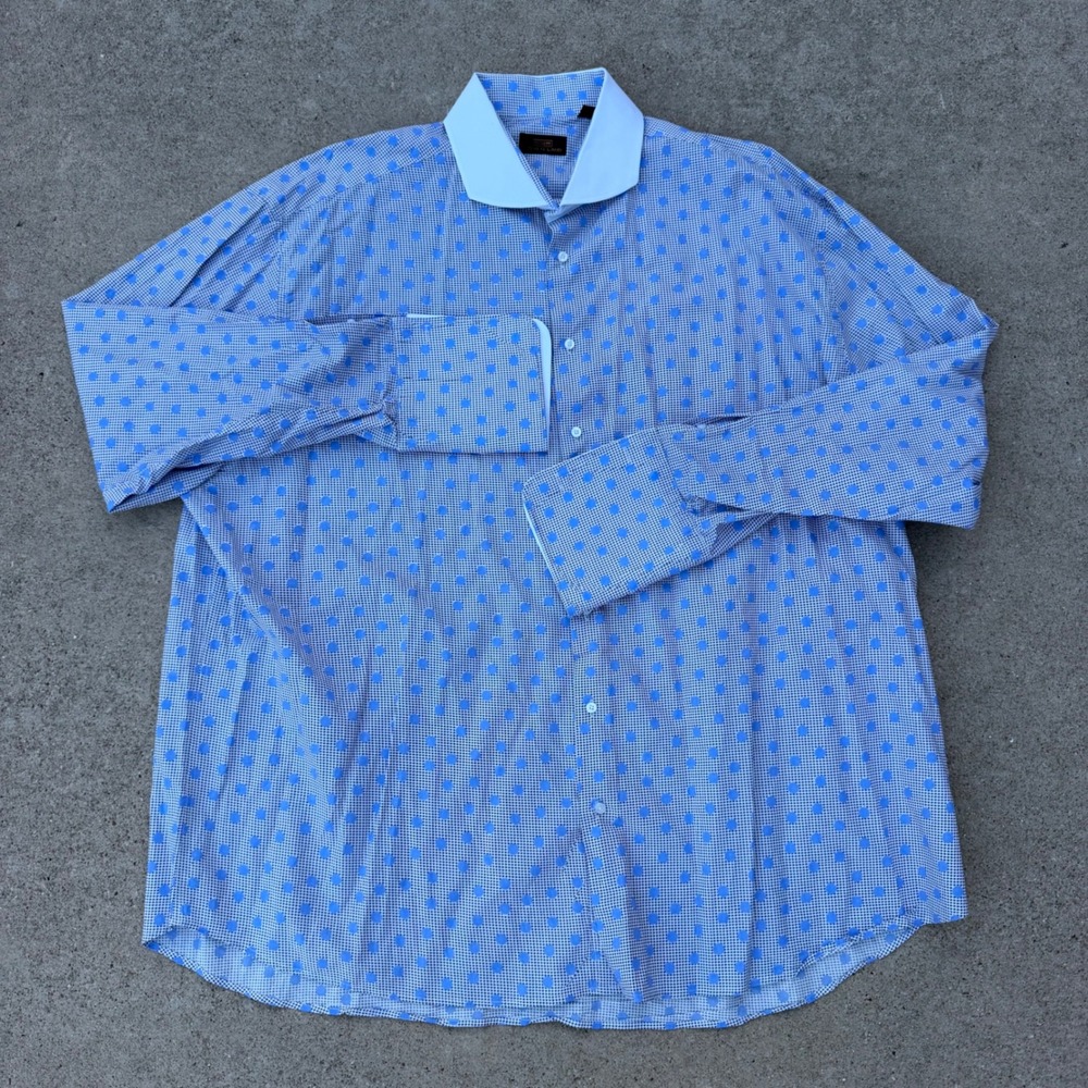 Steven Land Dress Shirt Mens 19 Blue Polka Dot Contrast Collar French Cuff - Picture 2 of 6